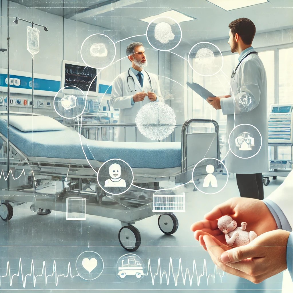 A detailed hospital scene with medical staff attending to a patient