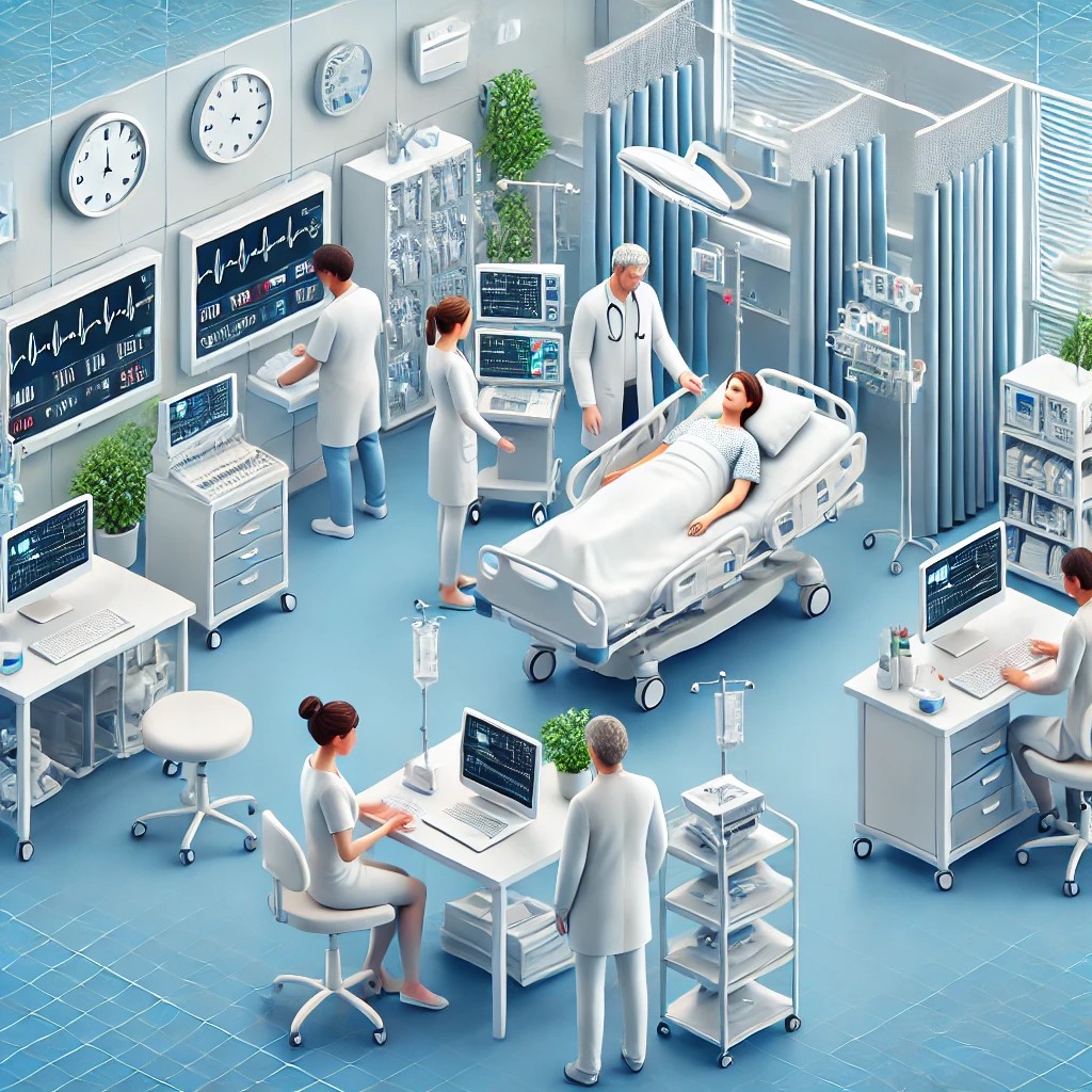 A detailed hospital scene with medical staff attending to a patient