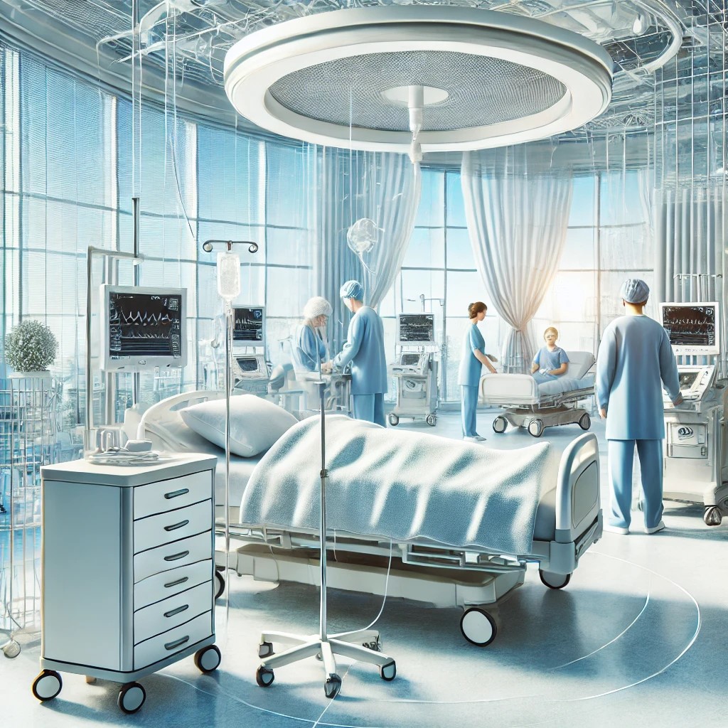 A detailed hospital scene with medical staff attending to a patient