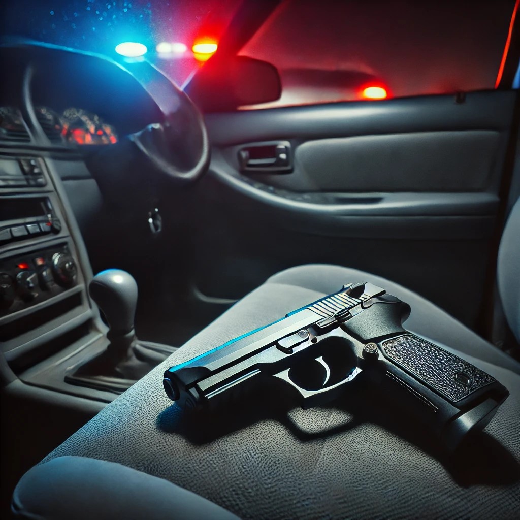 A nighttime traffic stop scene with a gun visible inside the car on the passenger seat