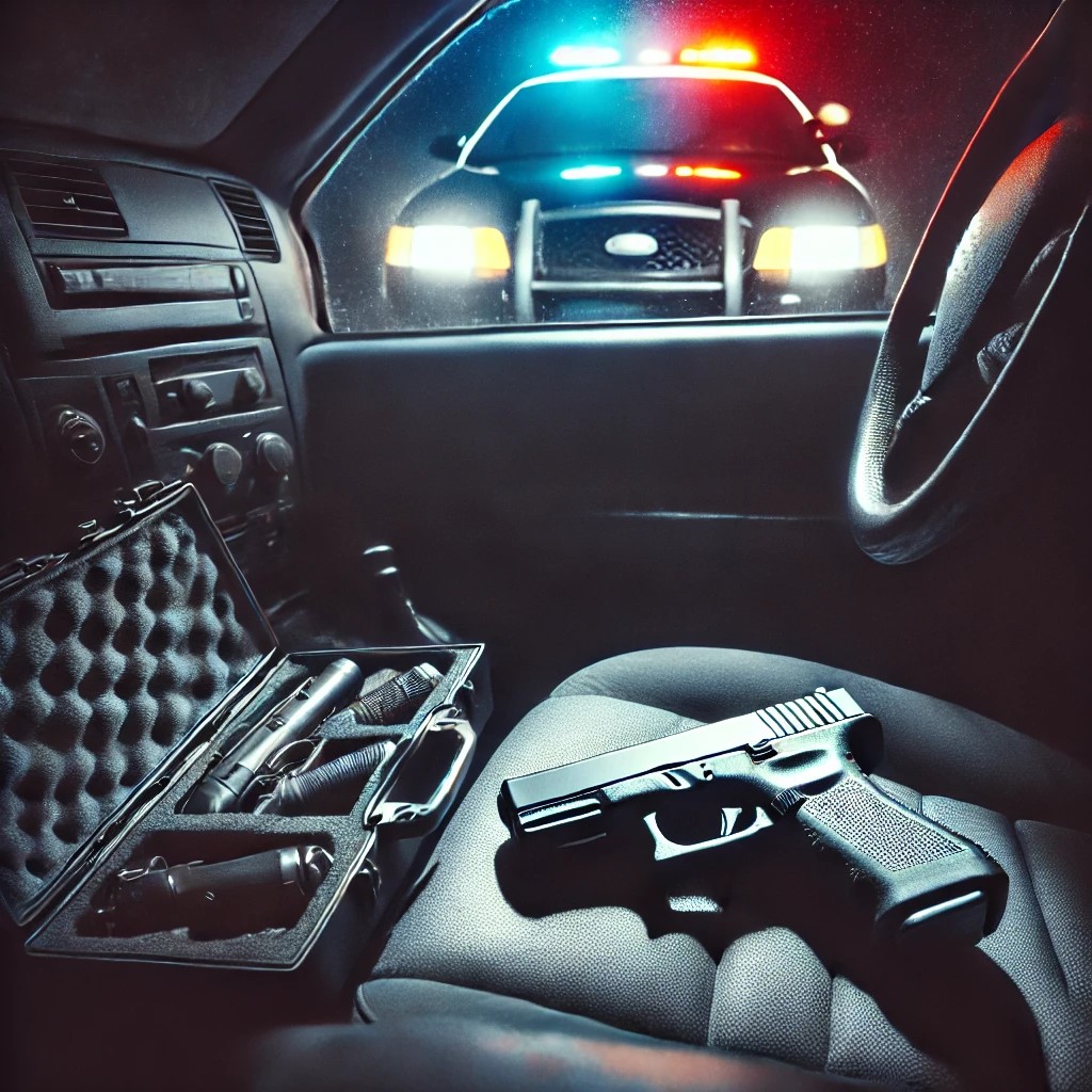 A nighttime traffic stop scene with a gun visible inside the car on the passenger seat