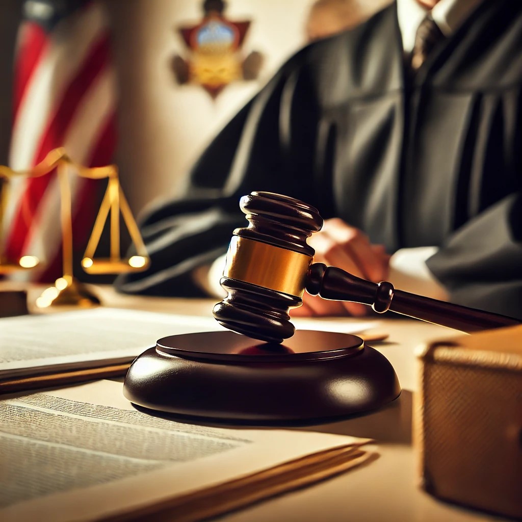 A courtroom scene with a judge's gavel