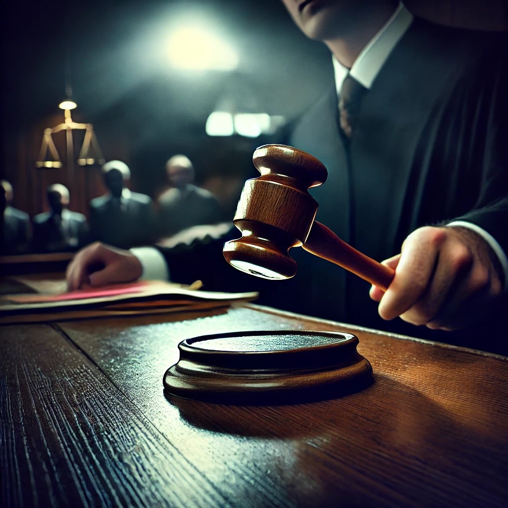 A courtroom scene with a judge's gavel