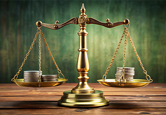 Two brass plates balance on a central pole, each holding different stacks of coin