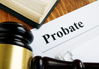 Probate sign, stack of papers and gavel