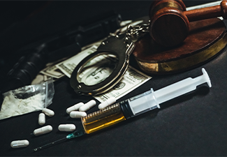 Drug addiction, crime concept. justice handcuffs