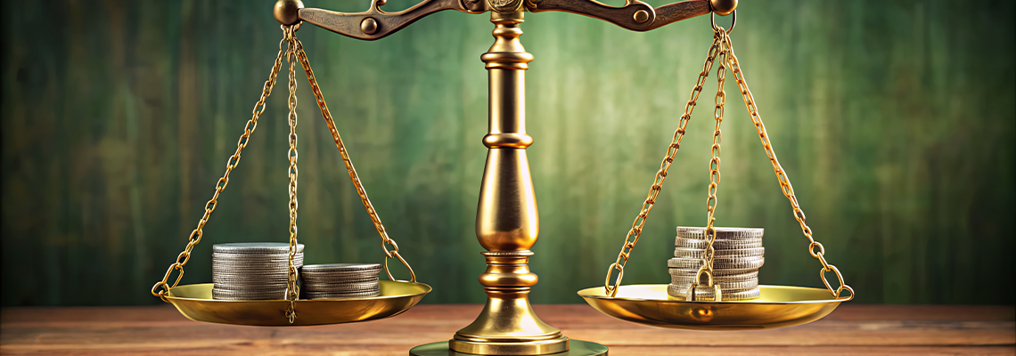 Two brass plates balance on a central pole, each holding different stacks of coins
