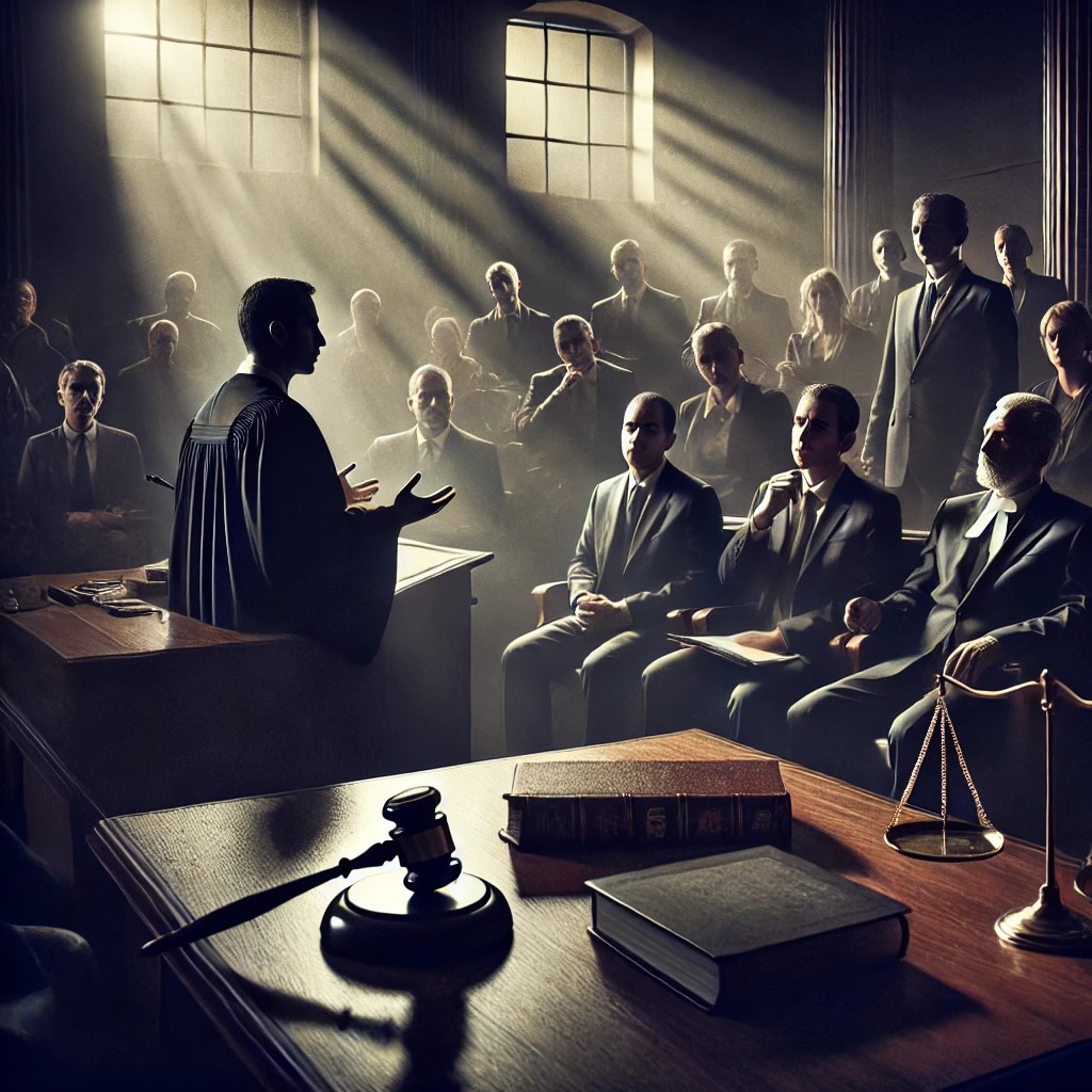 A tense courtroom scene