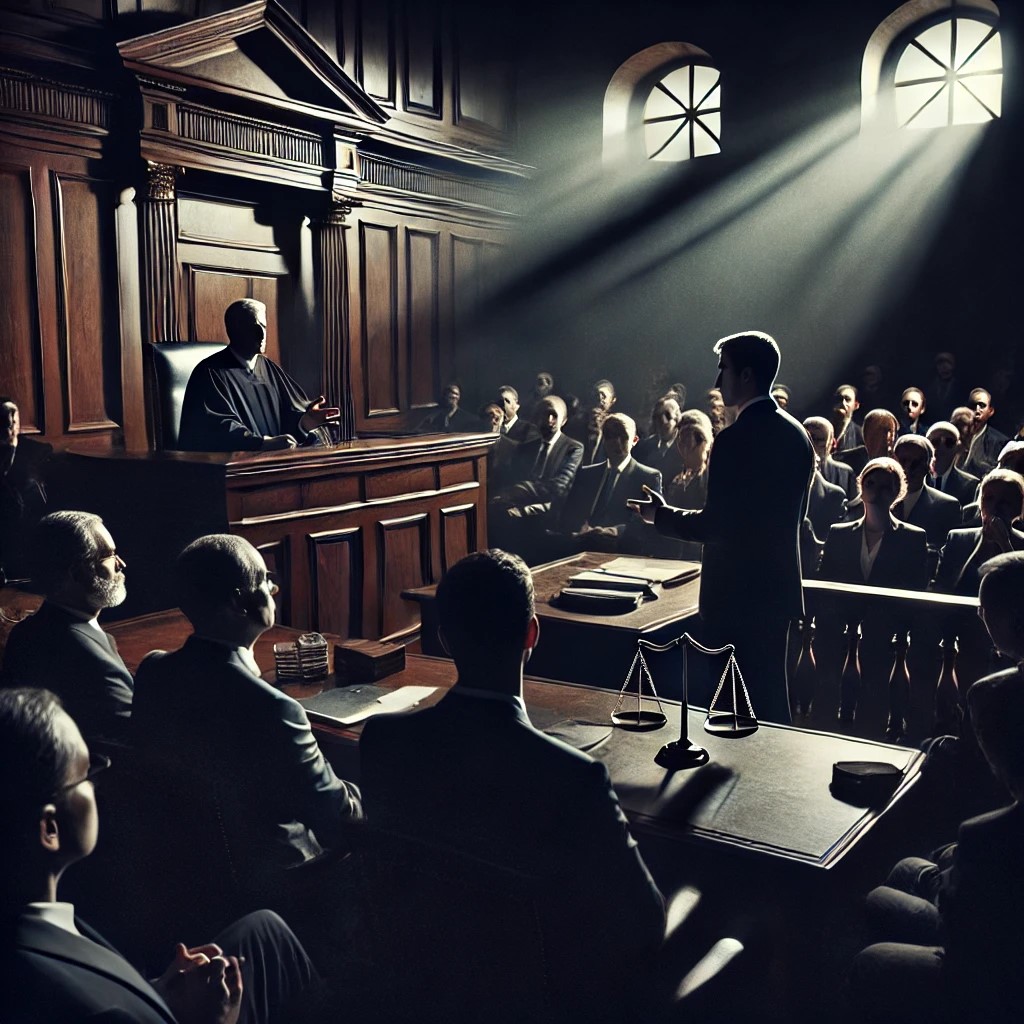 A tense courtroom scene