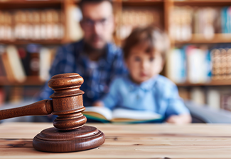 Legal judge s gavel close up with blurred child in background