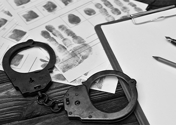 Fingerprint sheet and Handcuff on table
