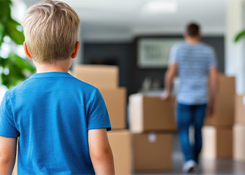Little boy watching his father moving cardboard boxes