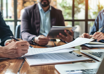 Businessman and attorney meeting to discuss suitable estate plan