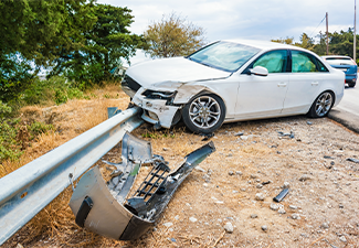 Crashed car with deflated airbags after accident