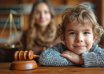Cute child and mother at table with gavel