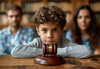 Cute child and mother at table with gavel of judge blurred in background
