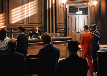 Accused criminal with his defense lawyer in courtroom 