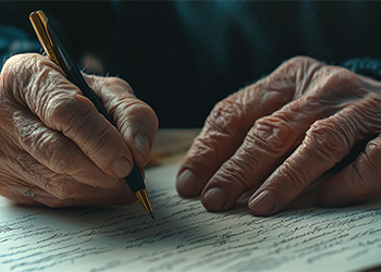 Old man's hand signing last will
