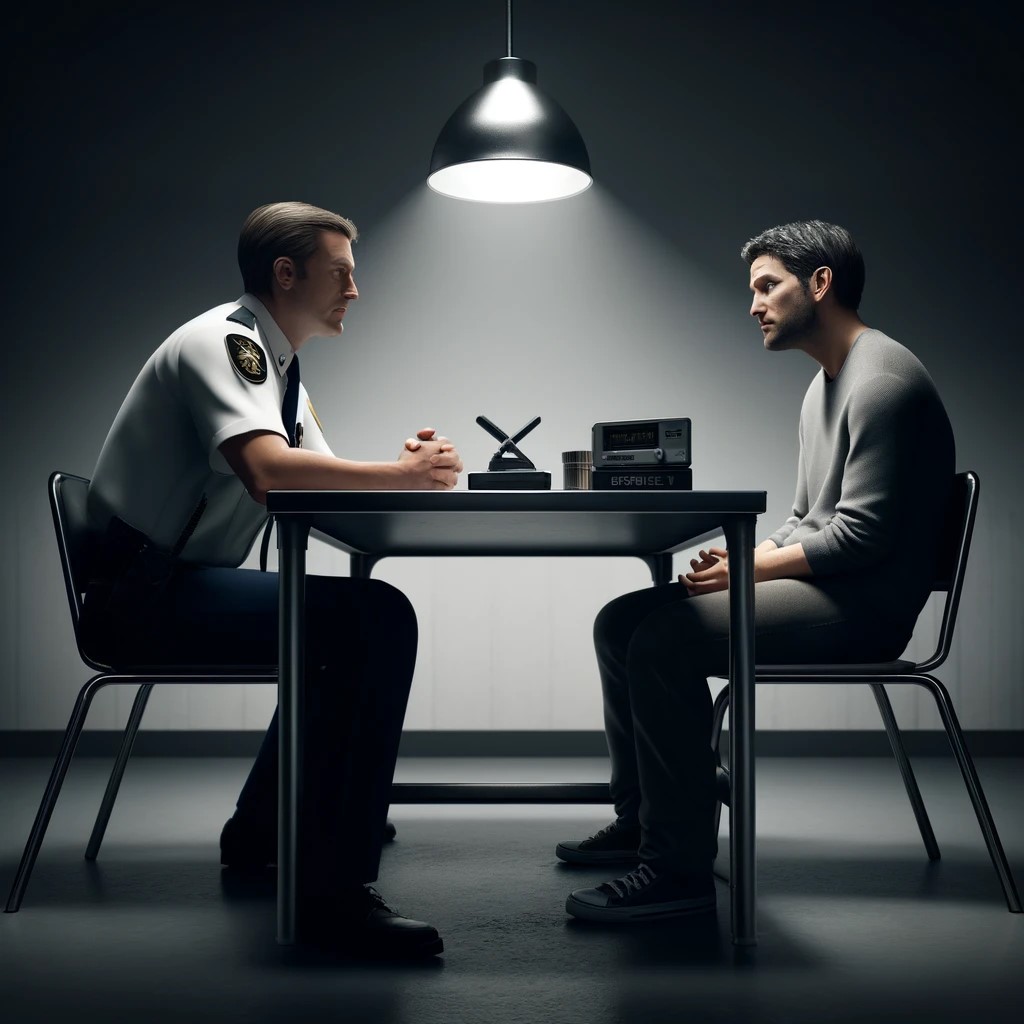 A dimly lit interrogation room