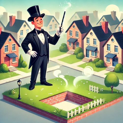 Graphic showing a Magician Making a House Disappear