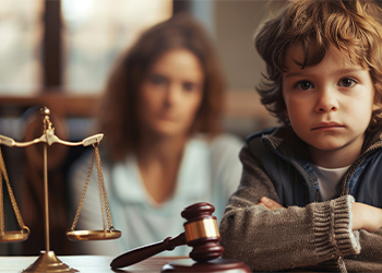Cute child and mother at table with gavel