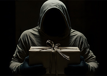 Mysterious Figure in Hooded Sweatshirt Holding a Wrapped Gift Box