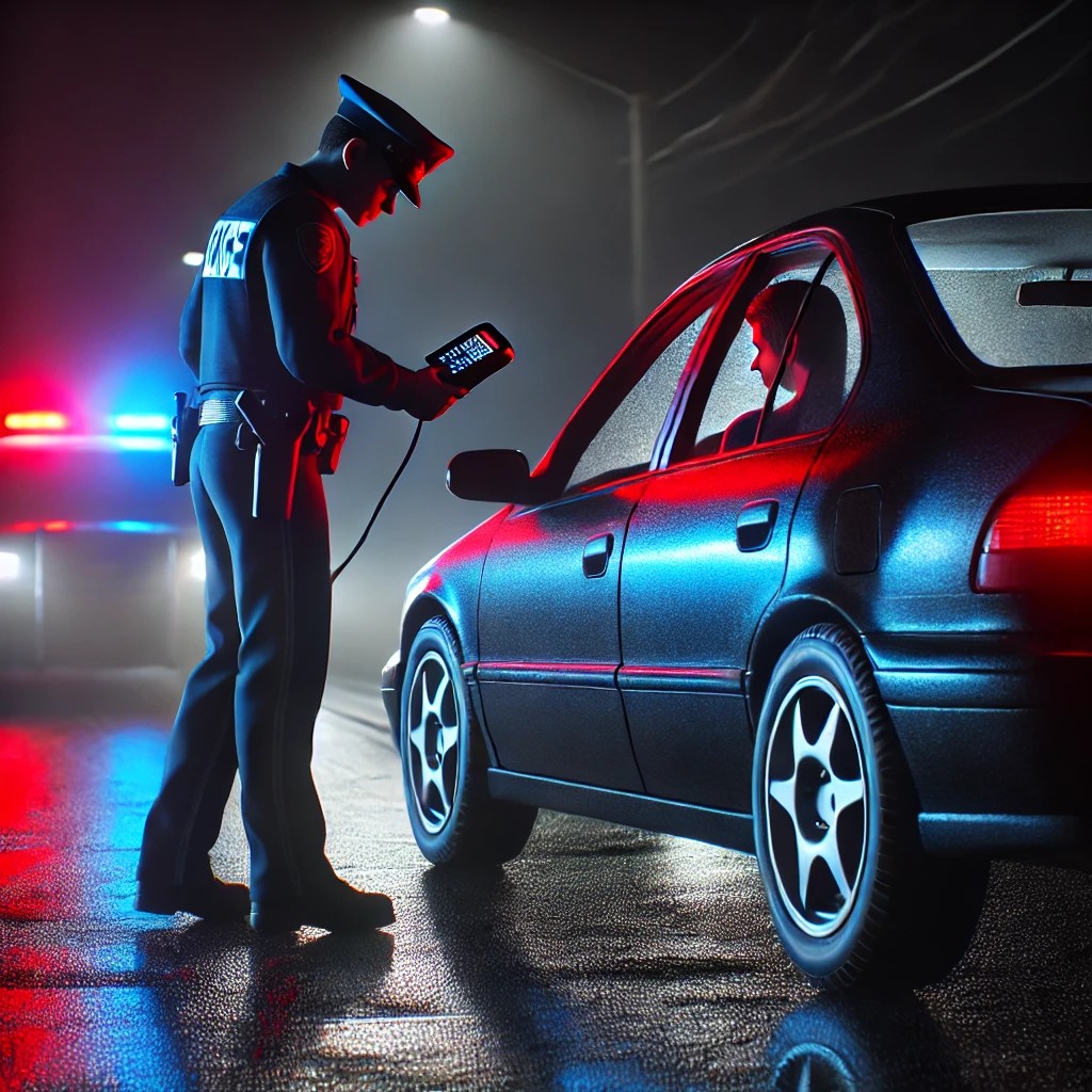 police officer conducting a traffic stop on a dark road. The officer is using a tint meter