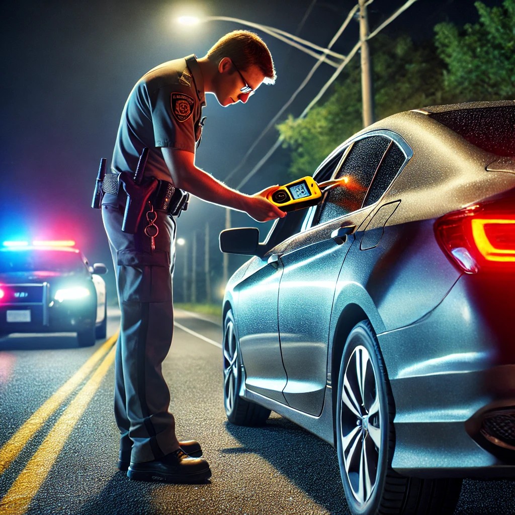 police officer conducting a traffic stop on a dark road. The officer is using a tint meter