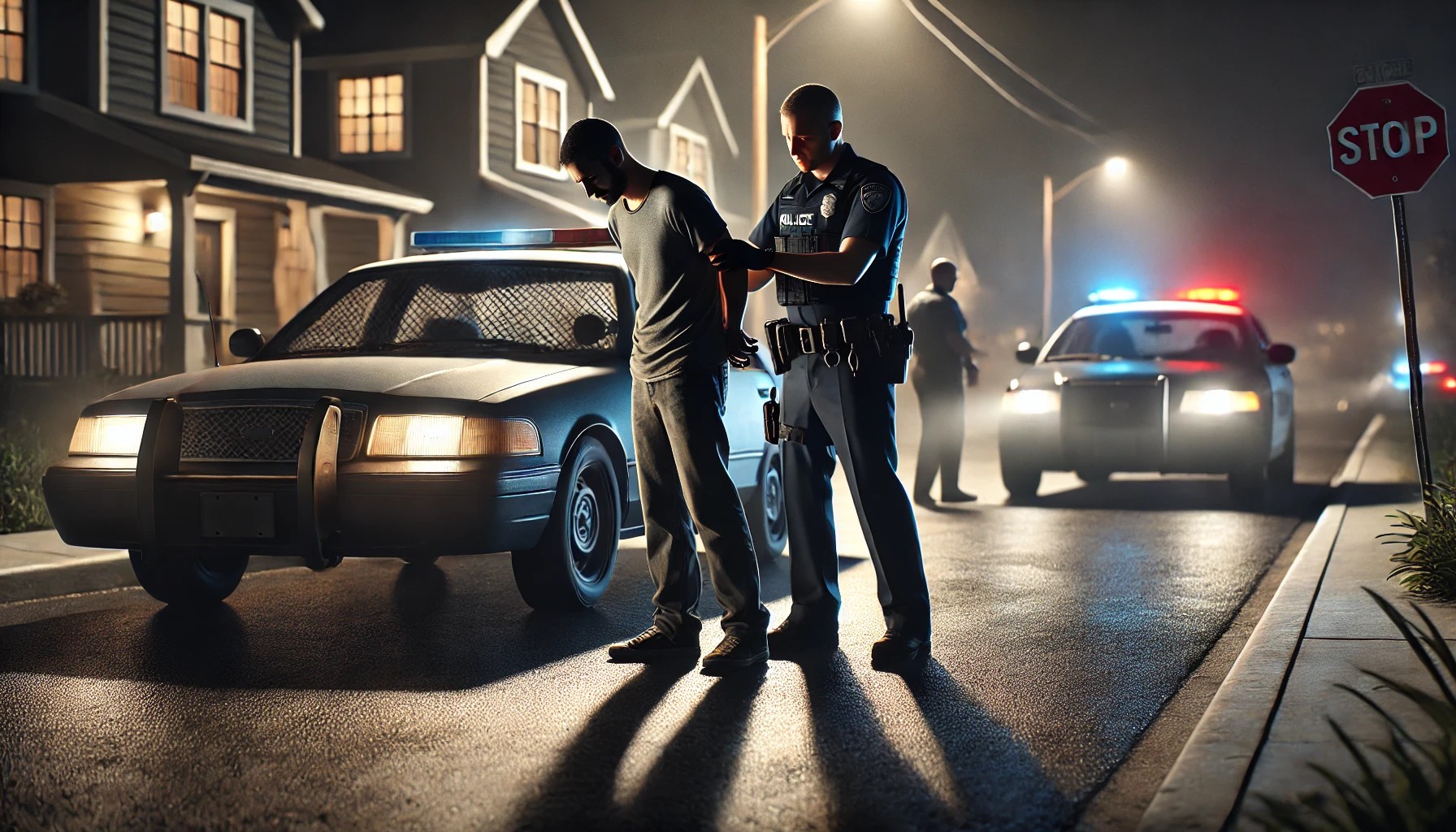 arrest of a man next to a vehicle on a dimly lit street