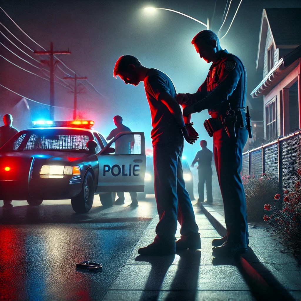 arrest of a man next to a vehicle on a dimly lit street