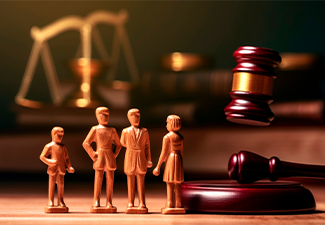 Family figurines and court hammer on table