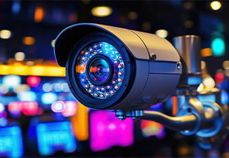 High-tech casino surveillance camera highlighting intricate lens