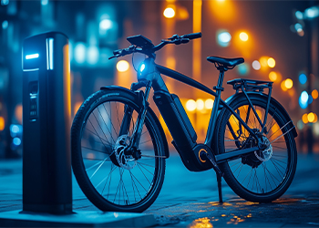 An electric bike stands by a charging station 