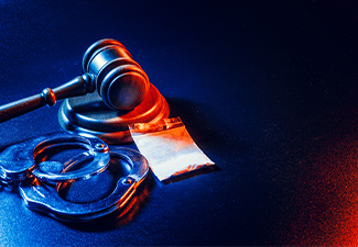 Judge gavel, handcuffs with white powder bag on a table