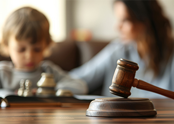 Gavel and blurred child with mother in background