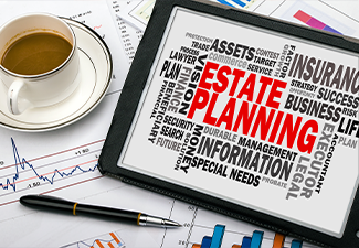 Estate planning with related word cloud on tablet 
