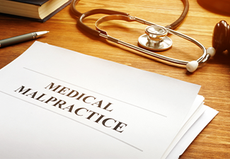 Medical malpractice report and stethoscope on table