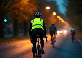 Cyclist in reflective vest and helmet riding on road