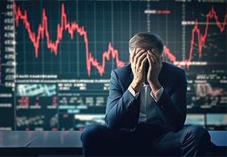 Stressed businessman sits in panic digital stock market