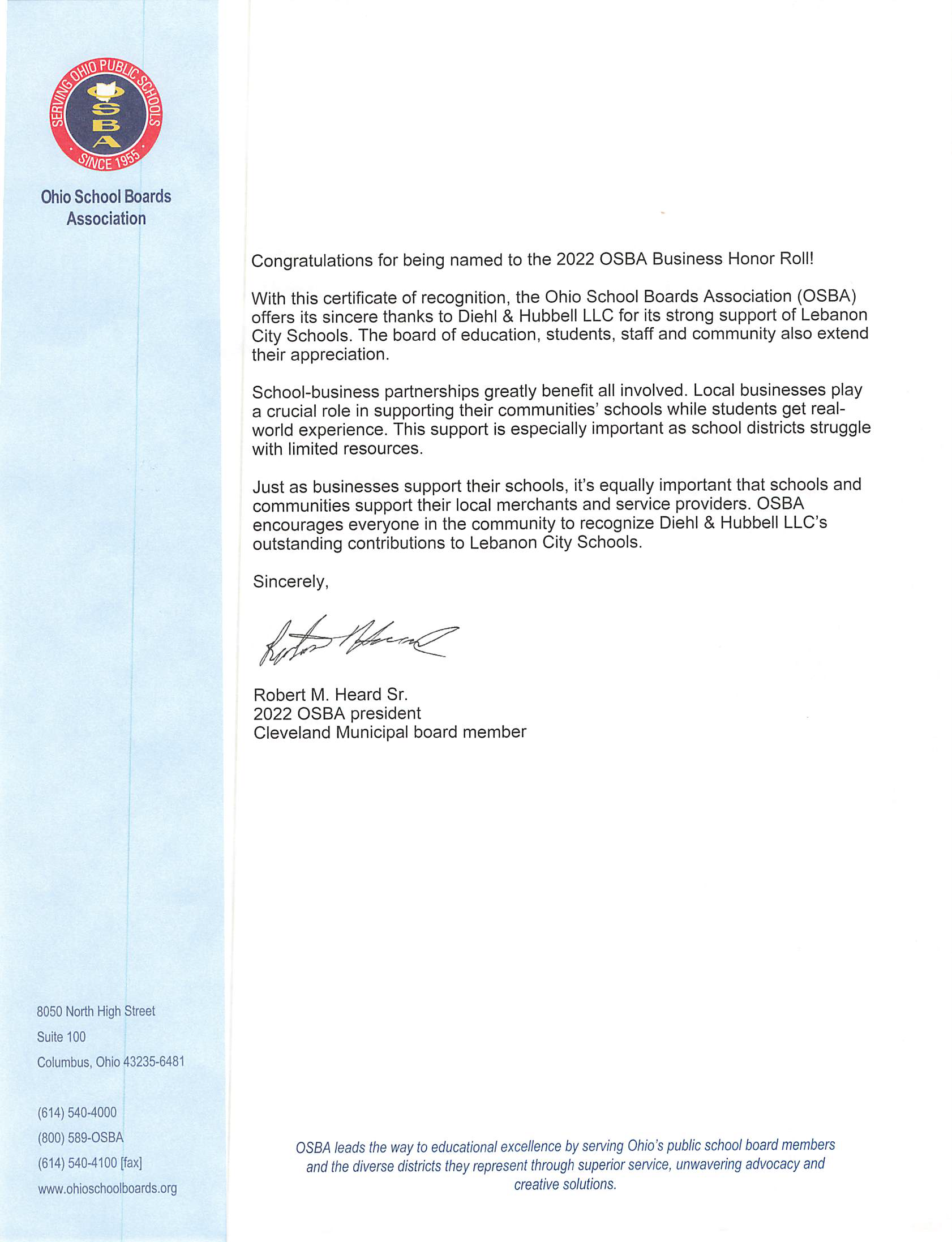 Ohio School boards Association Award Letter