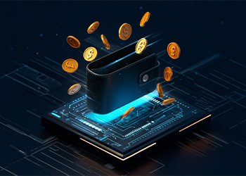 Wallet design with floating coins representing digital asset