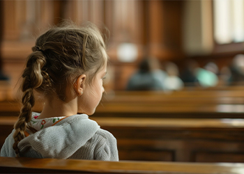 Child in courtroom awating custody decision