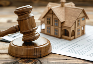 Gavel and house model on a wooden desk