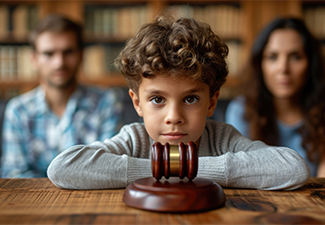 Cute child and mother at table with gavel of judge blurred in background