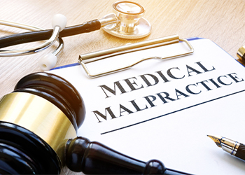 Medical Malpractice notepad, sthethoscope and gavel