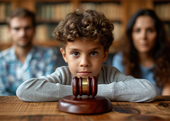 Child with gavel and divorced parents in background