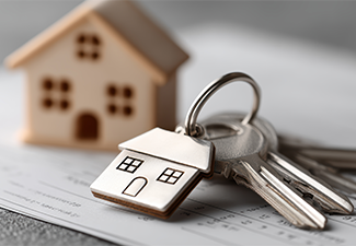 Keys to a house and a house model sitting atop legal documents
