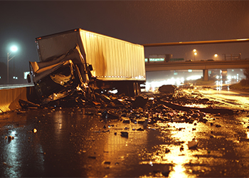 A semi-trailer truck crash on a wet freeway