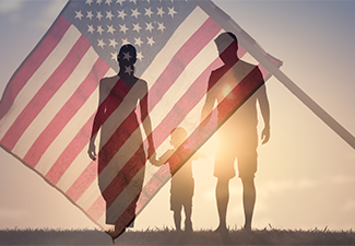 Patriotic family walking together on American flag background