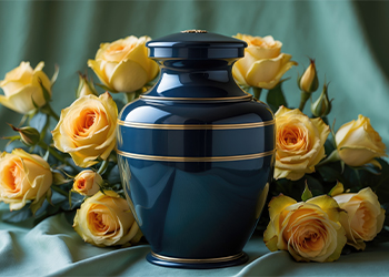 Close-up of a burial urn surrounded by yellow roses